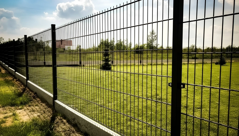 Czarne ogrodzenie panelowe 2d z metalowych prętów wokół zadbanego trawnika