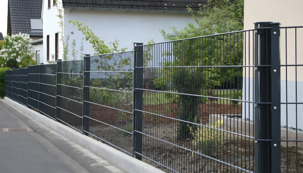 Ciemnoszare ogrodzenie panelowe 2d z metalowych prętów osadzone na betonowej podmurówce przed domem