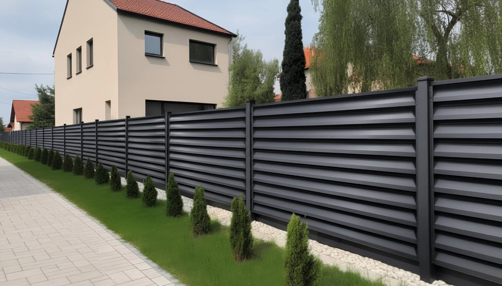 Ogrodzenie żaluzjowe z poziomych aluminiowych lameli przy budynku mieszkalnym